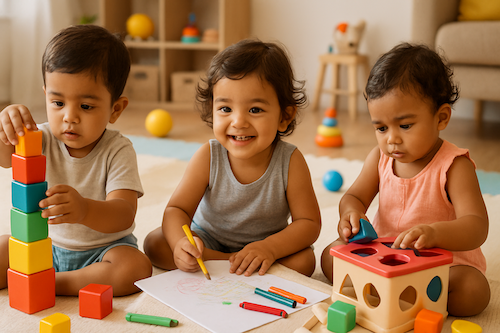 Toddler playing with blocks using fine motor skills